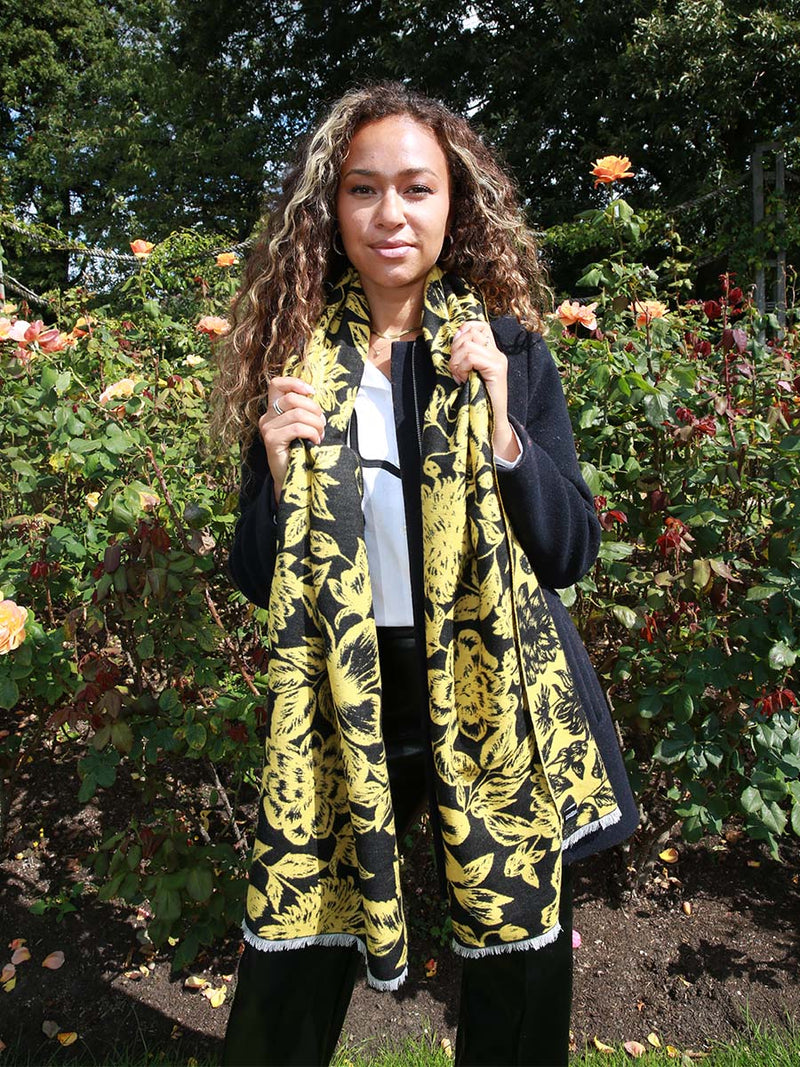 Floral Yellow & Black Woven Silk Scarf