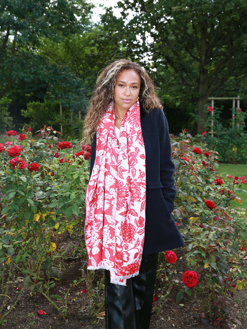 Floral Red & White Woven Silk Scarf