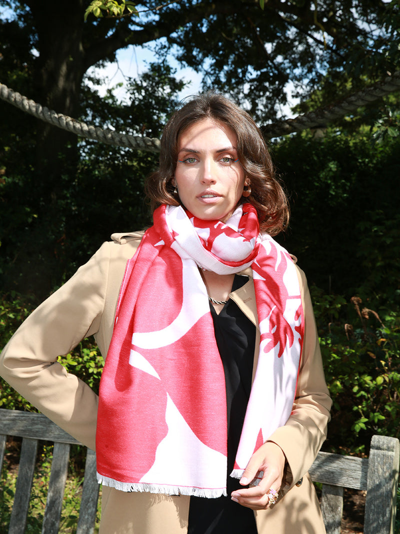 Bloom Silhouette Red & White Woven Silk Scarf