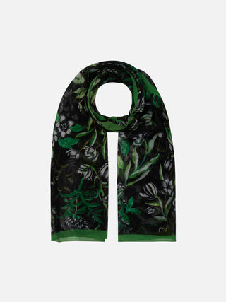 Luxury silk scarf with green floral pattern and white flowers themed forest sunset