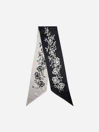 Monochrome Silk skinny scarf with Magnolia pattern 