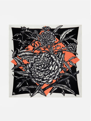 Flat lay square silk scarf with a wild spray coral hand drawn floral pattern