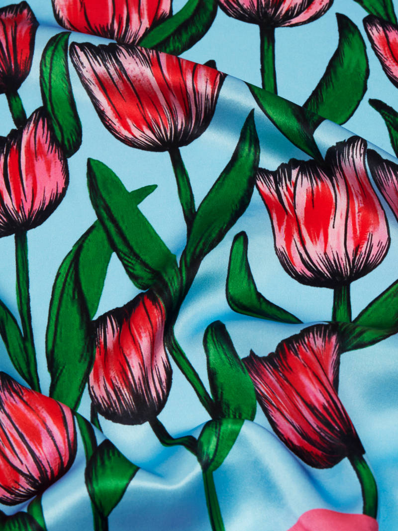 Tulip Tribe - Blue and Pink Floral Square Scarf - Silk Twill