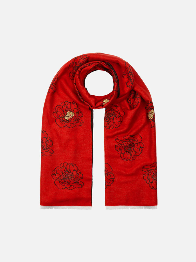 Golden Anther Red - Embroidered Woven Silk Stole Scarf