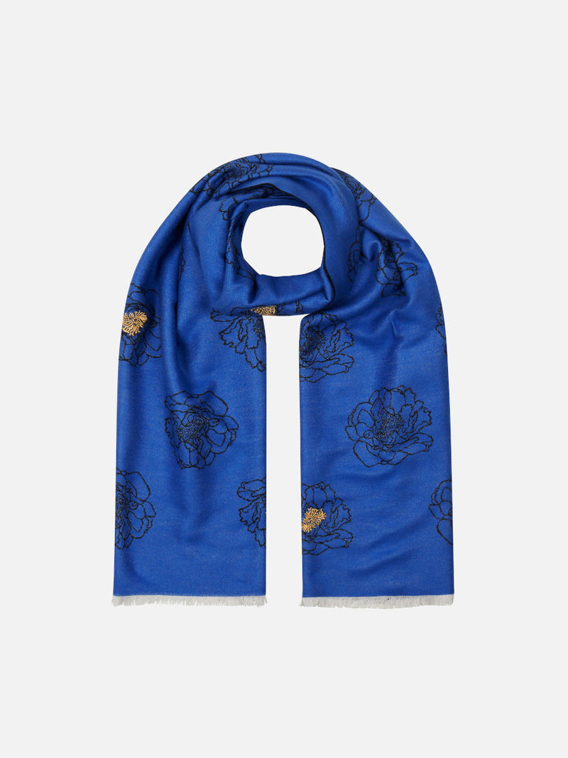 Golden Anther Blue - Embroidered Woven Silk Stole Scarf