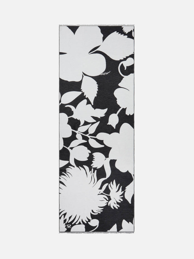 Bloom Silhouette Black/White - Woven Silk Stole Long Scarf