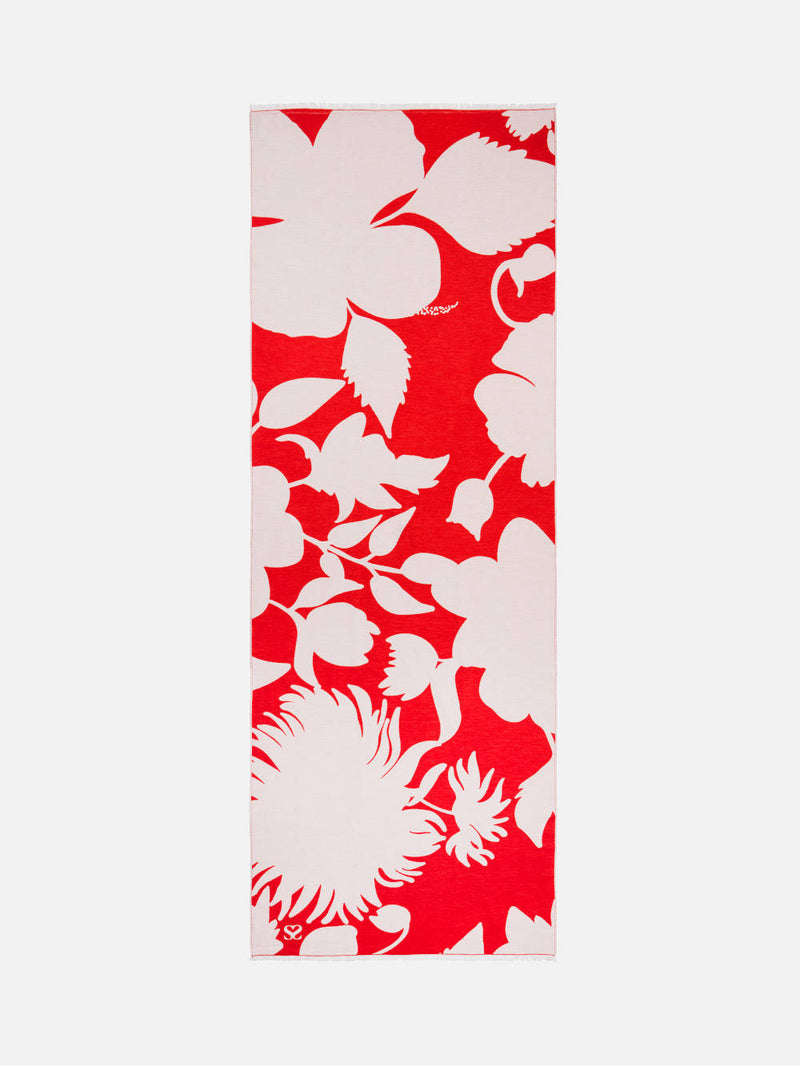 Bloom Silhouette Red/White - Woven Silk Stole Scarf