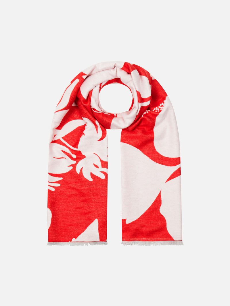 Bloom Silhouette Red/White - Woven Silk Stole Long Scarf