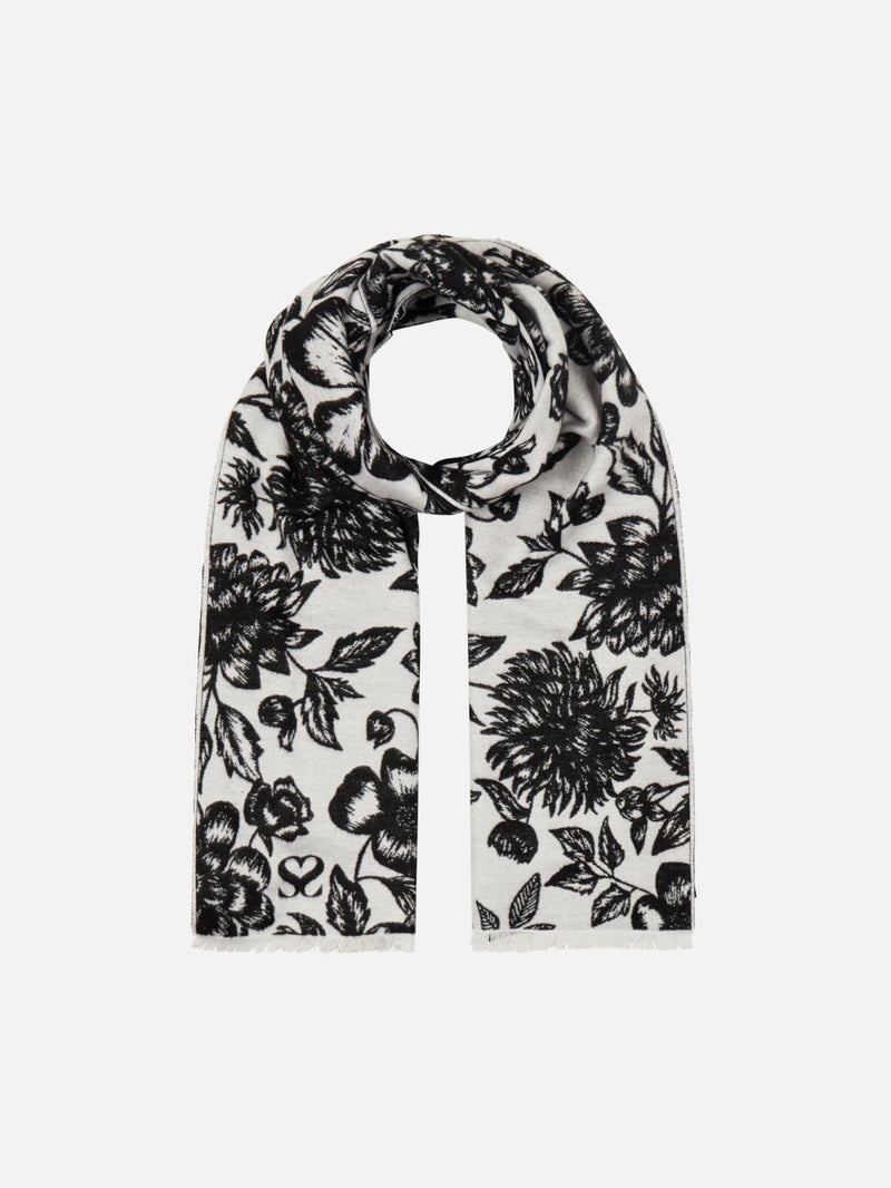 Floral White/Black - Woven Silk Stole Long Scarf