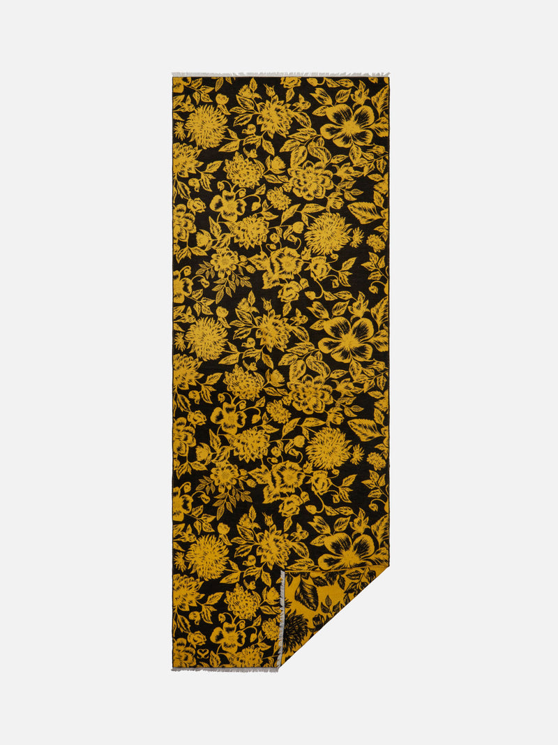 Floral Yellow/Black - Woven Silk Stole Long Scarf