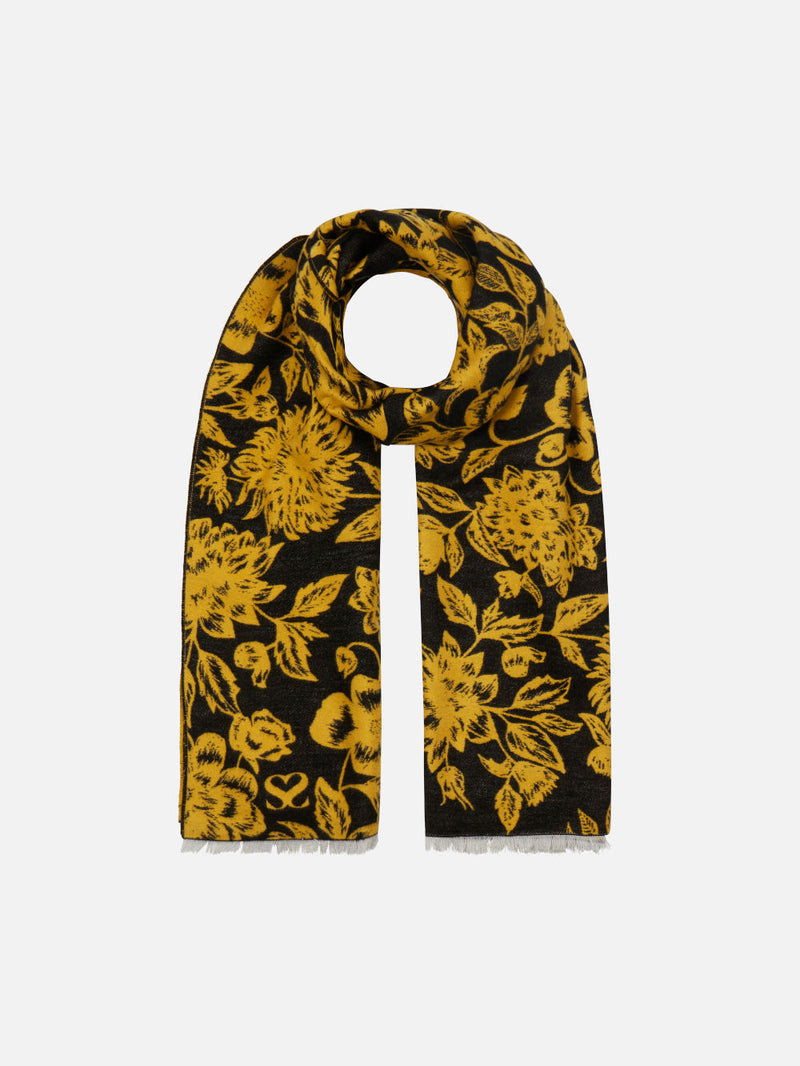 Floral Yellow/Black - Woven Silk Stole Long Scarf